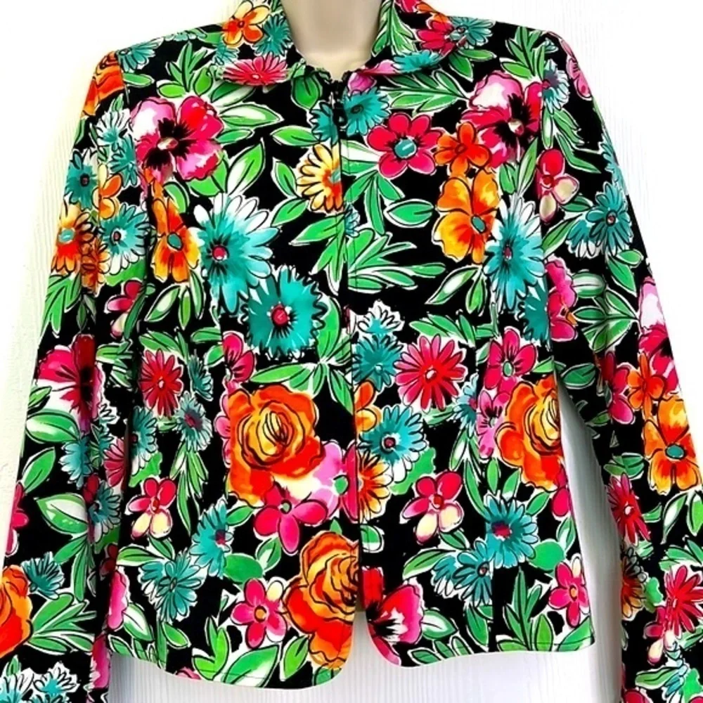 Anthracite - Bright Bold Floral Zip Up Shoulder Pad Blazer Size 4